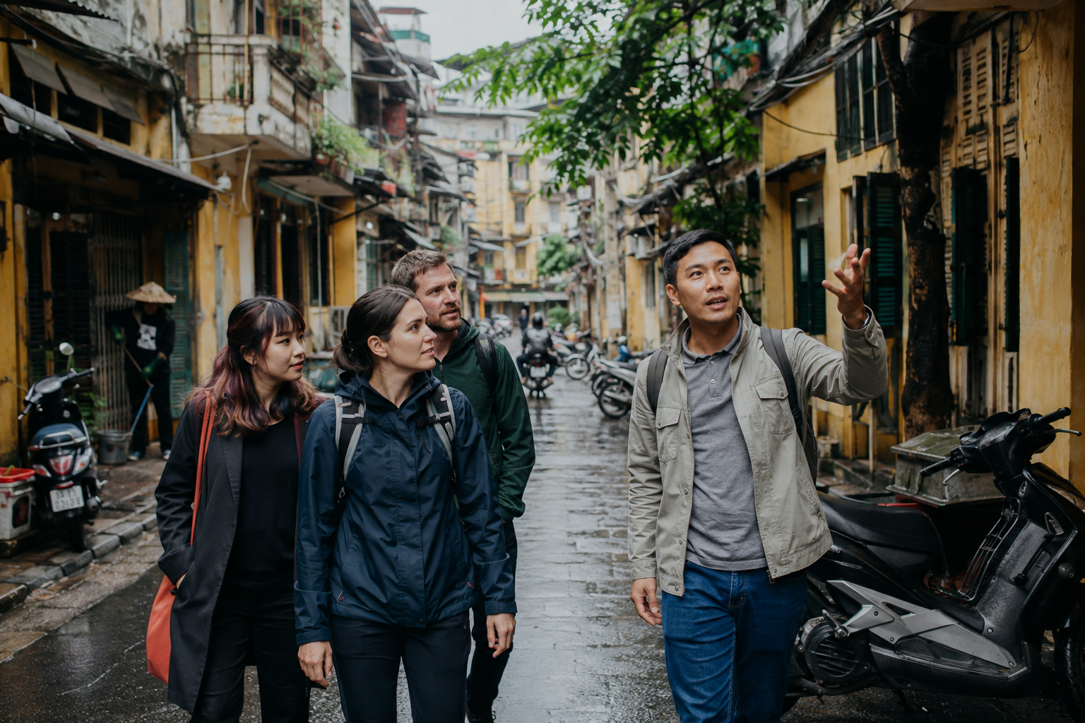 A local guide leading a small walking tour through Hanoi Old Quarter