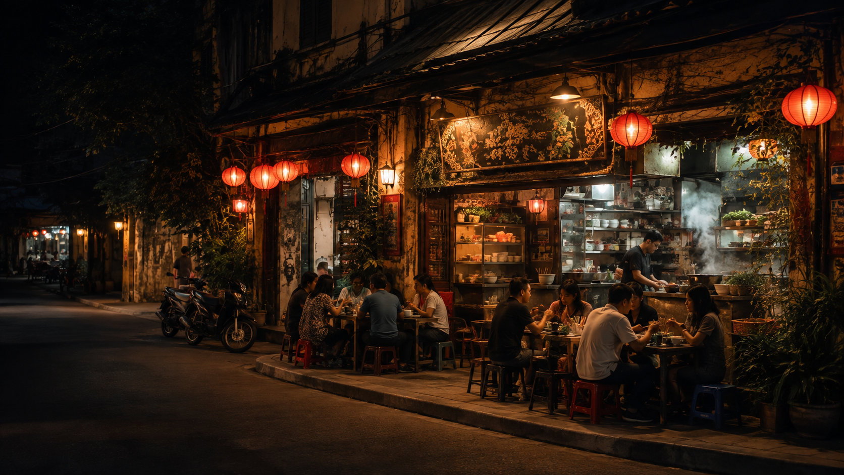A lively independent restaurant in Hanoi at night