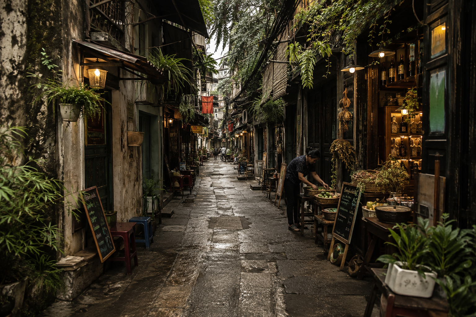 Independent storefronts in a plant-filled Hanoi alley