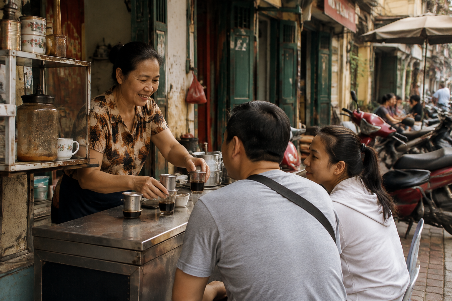 A Vietnamese coffee-stall owner serving local customers